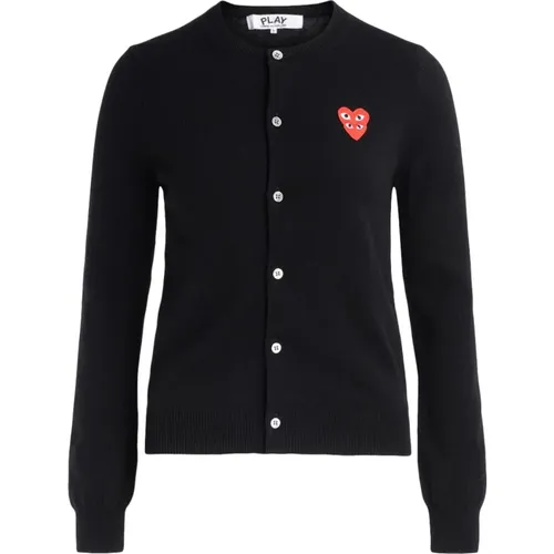 Cardigans, female, , Size: S Wo V-Neck Wool Cardigan with Overlapping Hearts - Comme des Garçons Play - Modalova