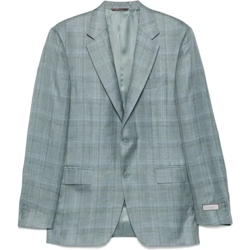 Blazers, male, , Size: L Turquoise Blue- Checked Blazer - Canali - Modalova