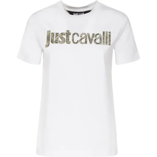 Weiße Baumwoll-T-Shirt mit Logo , Damen, Größe: L - Just Cavalli - Modalova