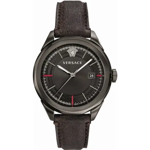 Dark Grey Leather Silver Steel Watch , male, Sizes: ONE SIZE - Versace - Modalova