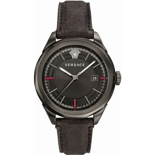 Watches, male, , Size: ONE SIZE Dark Grey Leather Silver Steel Watch - Versace - Modalova