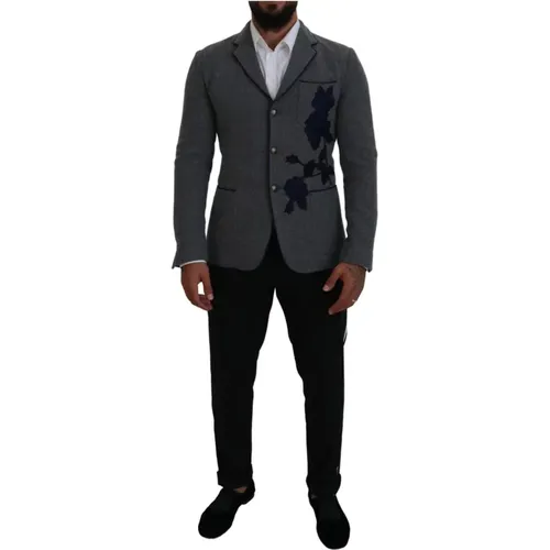 Single Breasted Suits, male, , Size: S Stunning Blazer with Blue Roses Embroidery - Dolce & Gabbana - Modalova