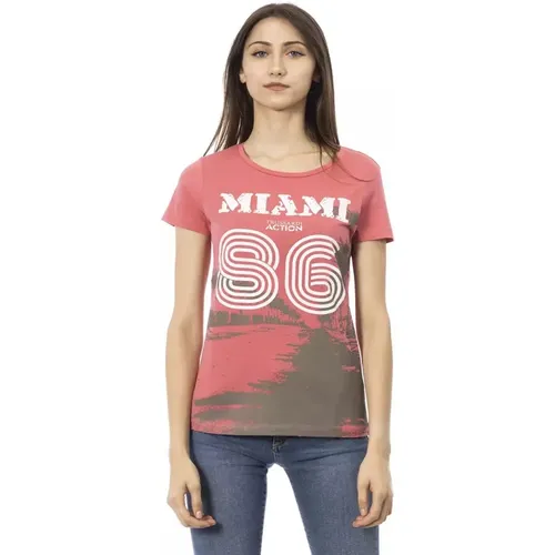 Rosa Baumwoll T-Shirt mit Kurzen Ärmeln und Frontdruck , Damen, Größe: XS - Trussardi - Modalova