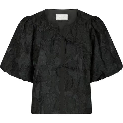 Jacquard Schwarze Bluse mit Puffärmeln , Damen, Größe: L - NEO NOIR - Modalova