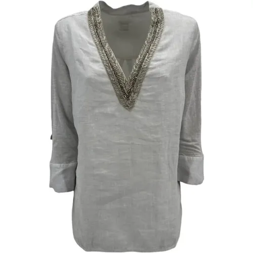 Pearl Linen Blouse with Bead Embellishments , female, Sizes: L, S - 120% lino - Modalova