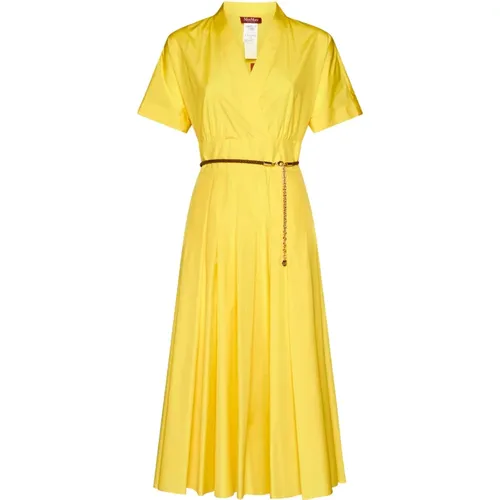 Gelbes Baumwoll-Midi-Kleid mit Wickel-V-Ausschnitt , Damen, Größe: S - Max Mara Studio - Modalova