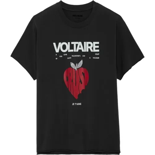Dark Grey Cotton T-shirt with Rhinestone Details , female, Sizes: L, S - Zadig & Voltaire - Modalova