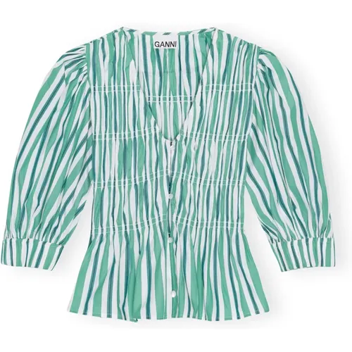 Grüne Gestreifte Baumwoll-V-Ausschnitt Bluse , Damen, Größe: S - Ganni - Modalova