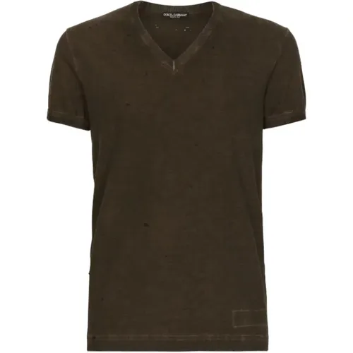 Dark Green Punched-Holes Cotton T-Shirt , male, Sizes: XL - Dolce & Gabbana - Modalova