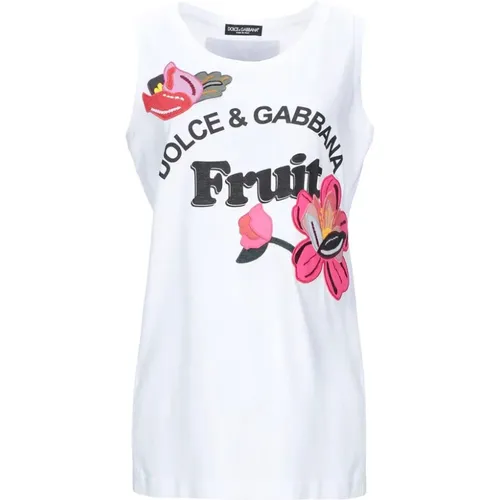 Cotton tank top with print and embroidery , female, Sizes: 3XS - Dolce & Gabbana - Modalova