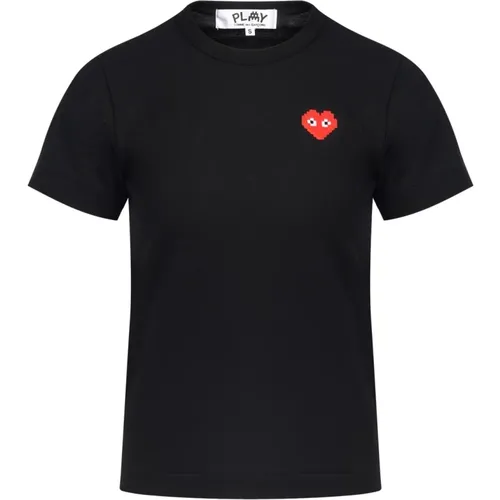 Schwarzes Damen T-Shirt mit rotem Herz-Patch , Damen, Größe: XS - Comme des Garçons Play - Modalova