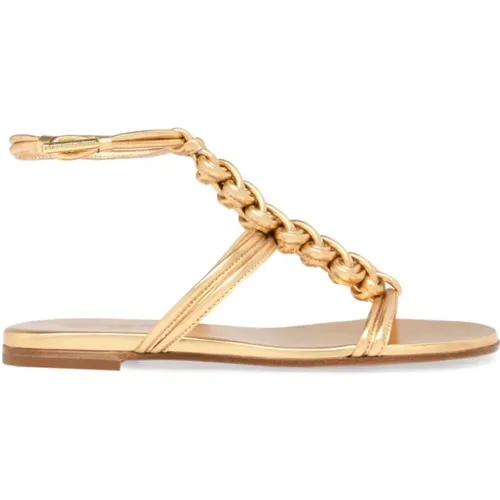 Flat Sandals, female, , Size: 11 US Golden Metallic T-Bar Sandals - Gianvito Rossi - Modalova