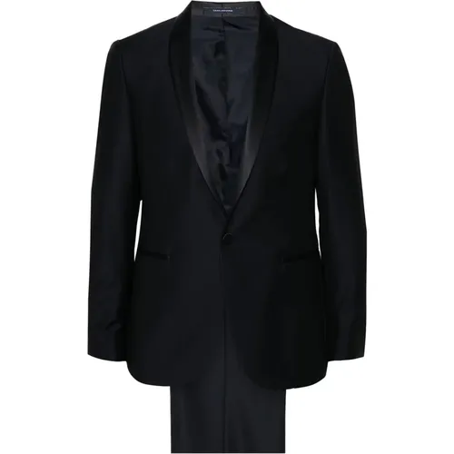 Single Breasted Suits, male, , Size: M Navy Wool Suit with Silk Panels - Tagliatore - Modalova