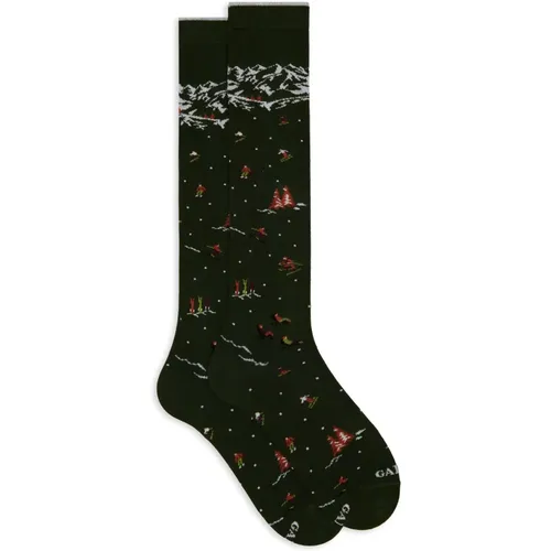 Lange grüne Baumwollsocken für Damen mit Berg- und Skifahrermotiv - Gallo - Modalova