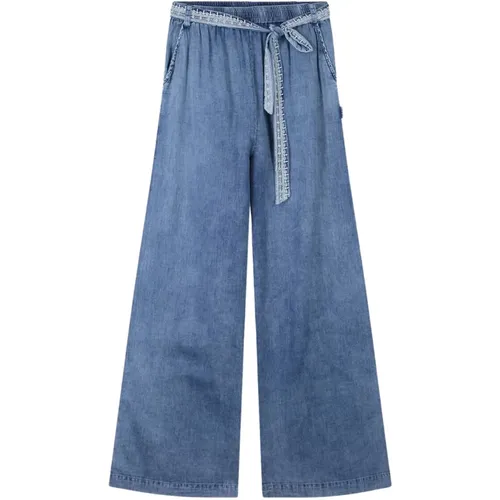 Weite Bein Indigo Blaue Bestickte Jeans , Damen, Größe: L - Summum Woman - Modalova