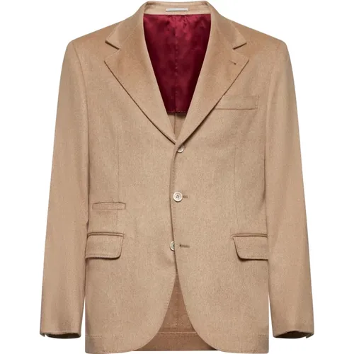 Blazers, male, , Size: L Cashmere Blend Camel Blazer Jacket - BRUNELLO CUCINELLI - Modalova