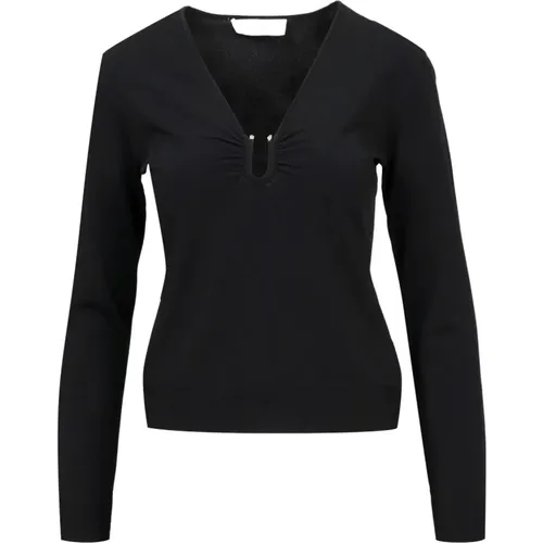 Schwarzer V-Ausschnitt Pullover mit langen Ärmeln , Damen, Größe: L - Kaos - Modalova
