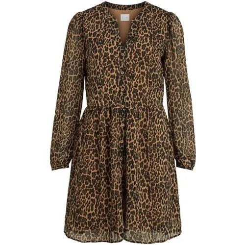 Leopard Print Long Sleeve V-Neck Dress , female, Sizes: S - Vila - Modalova