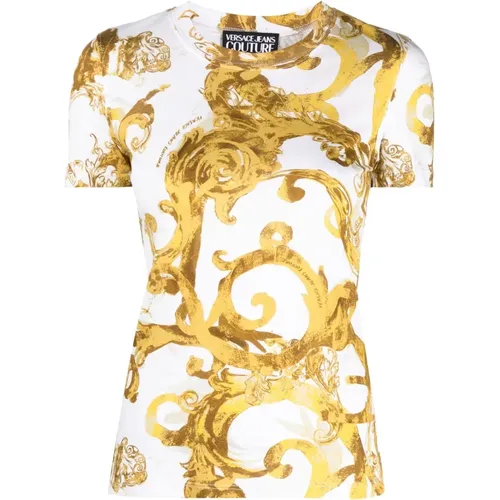 Barocco-Print weiße Baumwoll-T-Shirt , Damen, Größe: S - Versace Jeans Couture - Modalova