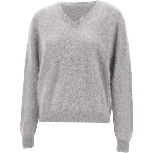 V-neck Knitwear, female, , Size: L Grey Sweater with Unique Style - Notshy - Modalova