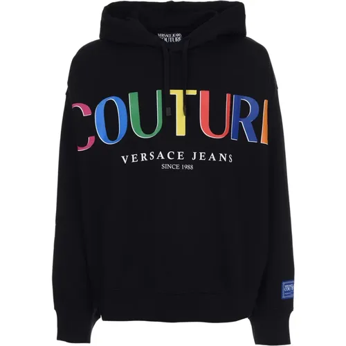 Hoodies, male, , Size: XL Cotton Hooded Sweatshirt with Rainbow Logo - Versace Jeans Couture - Modalova