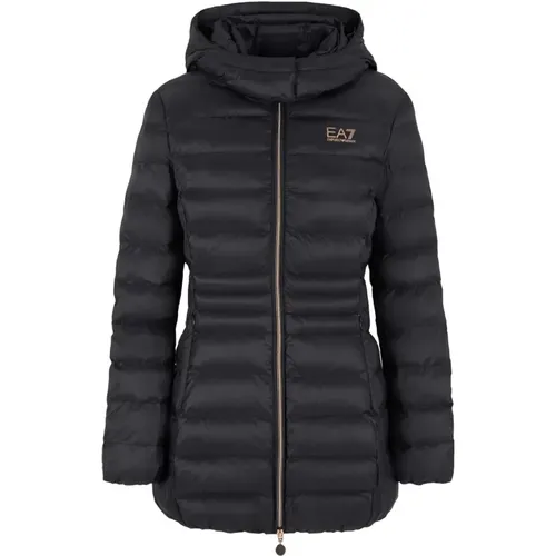 Schwarze Kapuzenjacke mit Rosagold-Logo - Emporio Armani EA7 - Modalova