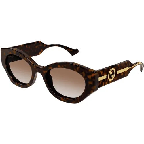 Exzentrische Ovale Braune Schildpatt-Sonnenbrille , Damen, Größe: 52 MM - Gucci - Modalova