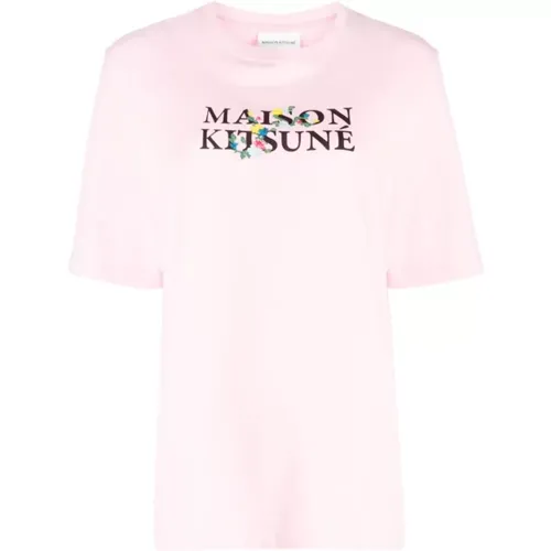 Hellrosa Blumenmuster Logo T-Shirt , Damen, Größe: S - Maison Kitsuné - Modalova