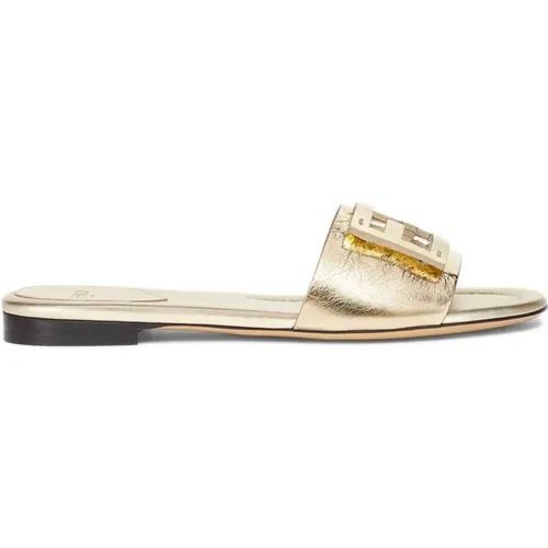 Sliders, female, , Size: 6 1/2 US Champagne Metallic Leather Slides with Baguette Motif - Fendi - Modalova