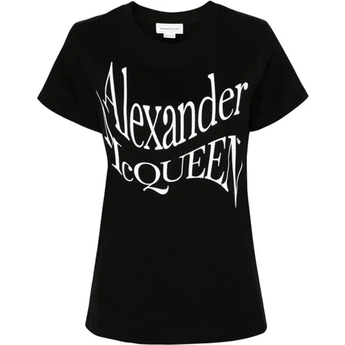Schwarzes Crew Neck T-shirt Front Print , Damen, Größe: 2XS - alexander mcqueen - Modalova