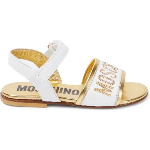 Flat Sandals, female, , Size: 5 US Low Leather Sandal with Logo Lettering and Strass - Moschino - Modalova