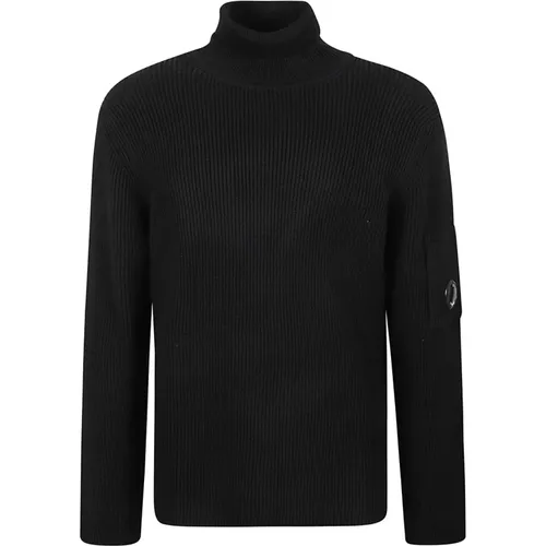 Schwarzer Rippstrick-Sweatshirt mit Linsendetail , Herren, Größe: L - C.P. Company - Modalova