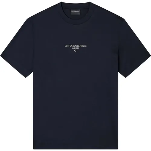 T-Shirts, male, , Size: L Navy Logo Embroidered T-shirt - Emporio Armani - Modalova
