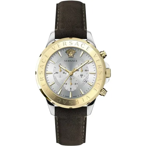 Watches, male, , Size: ONE SIZE Chrono Signature Leather Silver Gold Watch - Versace - Modalova