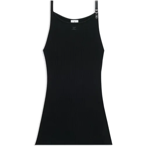 Schwarzes Geripptes Strickkleid mit Logo,Elegantes Schwarzes Kleid für Frauen - Courrèges - Modalova