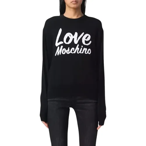 Schwarzer Wollpullover mit Markendesign , Damen, Größe: S - Love Moschino - Modalova