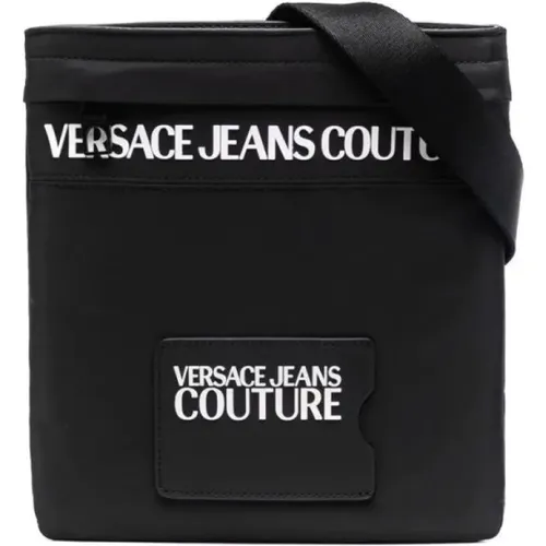 Schwarze Nylon-Schultertasche für Herren mit vorderer Reißverschlusstasche - Versace Jeans Couture - Modalova