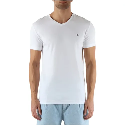 Baumwoll V-Ausschnitt T-Shirt mit Logo-Patch vorne , Herren, Größe: S - Calvin Klein Jeans - Modalova