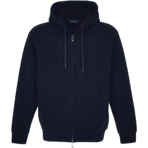 Blaue Kapuzenpullover mit Allover-Logo , Herren, Größe: L - Emporio Armani - Modalova