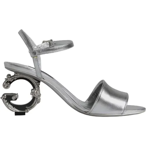 High Heel Sandals, female, , Size: 8 US Silver Leather Heels Sandals with Logo - Dolce & Gabbana - Modalova