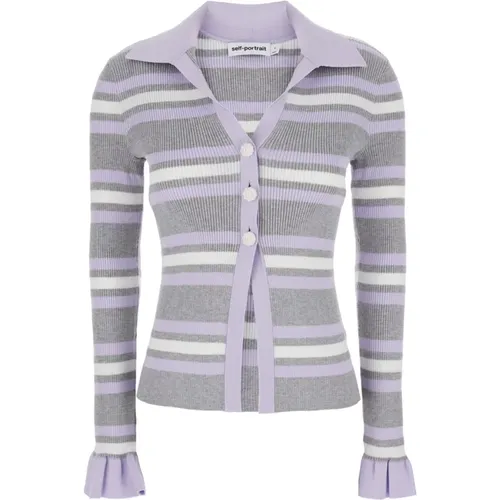 Cardigans, female, , Size: L Grey Stripe Rib Knit Top - Self Portrait - Modalova