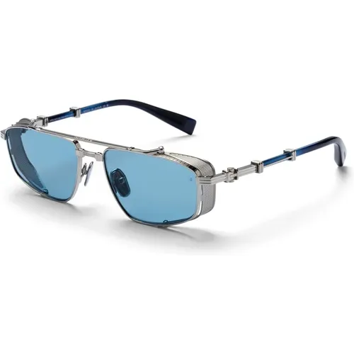 Sunglasses, male, , Size: ONE SIZE Rectangular Sunglasses Silver/Black/Blue Swirl - Balmain - Modalova