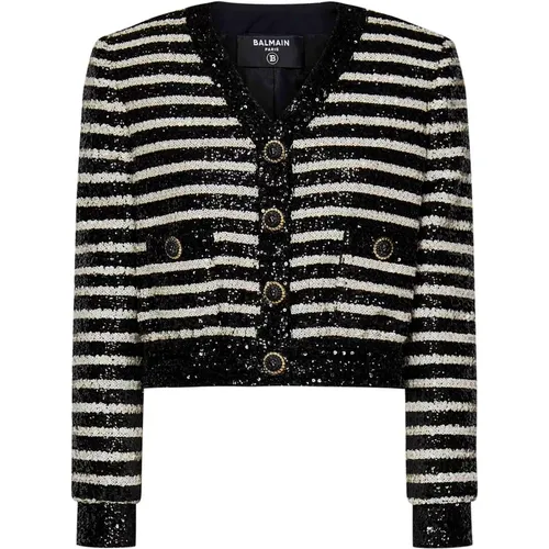 Striped Cropped Jacket Sequins , female, Sizes: S, XS, M - Balmain - Modalova