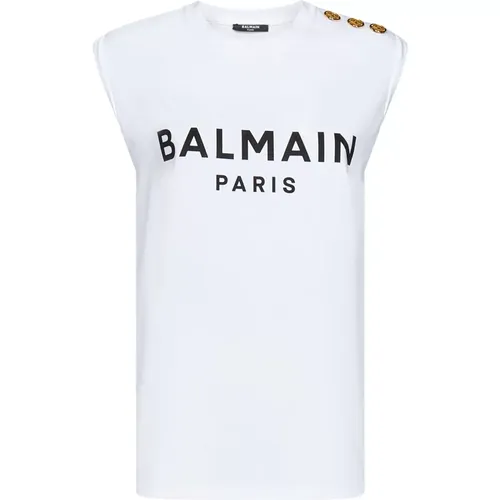 Sleeveless Tops, female, , Size: L Sleeveless T-Shirt with Logo - Balmain - Modalova