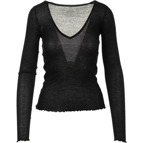 Schwarzer Pullover mit V-Ausschnitt , Damen, Größe: S - majestic filatures - Modalova