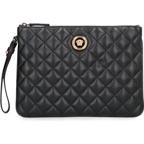 Clutches, female, , Size: ONE SIZE Quilted Leather Flat Pouch with Wrist Strap - Versace - Modalova