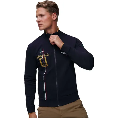 Zip-throughs, male, , Size: 3XL Embroidered Full-Zip Sweater in Dark - aeronautica militare - Modalova