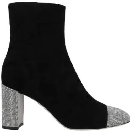 Suede Boots with Grey Satin Heel and Rhinestone Embellishments , female, Sizes: 3 UK, 4 1/2 UK, 4 UK, 3 1/2 UK, 7 UK, 5 UK - René Caovilla - Modalova