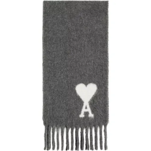 Grey Wool Monogram Scarf Fringed Edge , unisex, Sizes: ONE SIZE - Ami Paris - Modalova