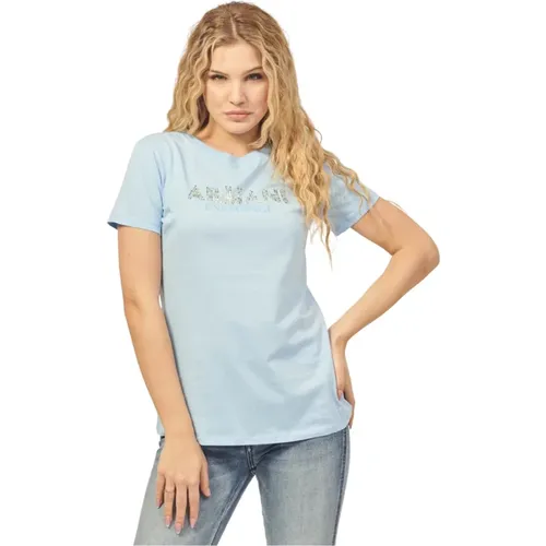 Blaues Bio-Baumwoll-Logo-Print-T-Shirt , Damen, Größe: M - Armani Exchange - Modalova